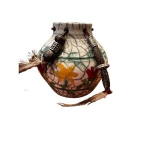 Vintage Studio Raku Pottery‎ Vase with beads feathers leather cord signed